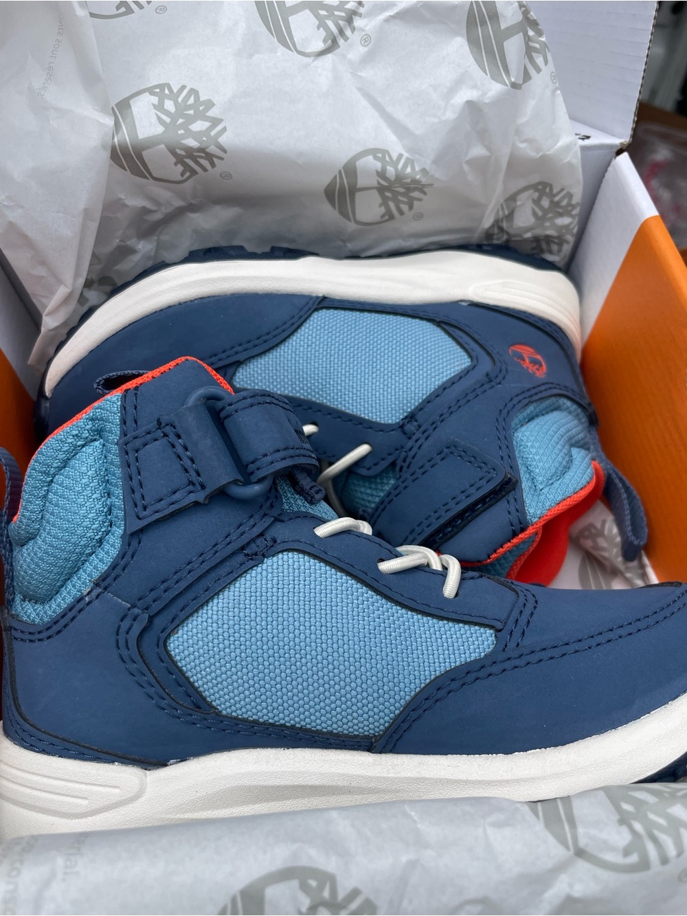 Timberland Kids Navy and Light Blue High-Top Sneakers with Orange Trim